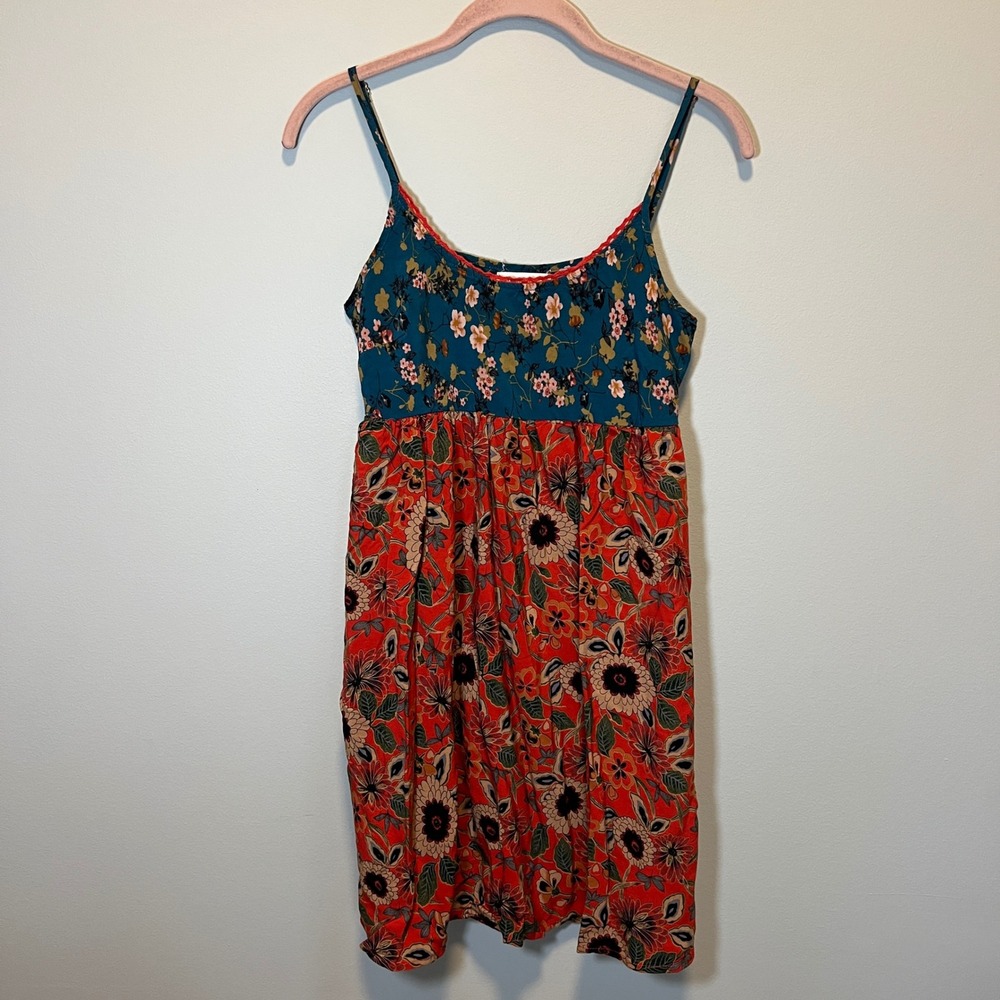 Natural Life Floral Mini Dress Women's Small Teal Red Mixed Print Rayon Boho